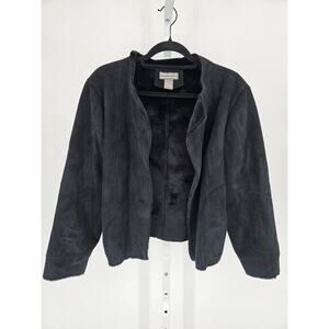 Laura Leigh Womens Sz XL Open Front Faux Suede Jacket Faux Fur Trim Black